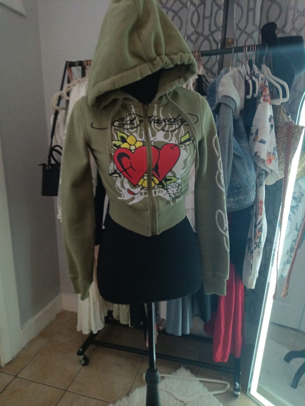 Ed Hardy Olive Green Cropped Zip Hoodie with Red Heart Graphic